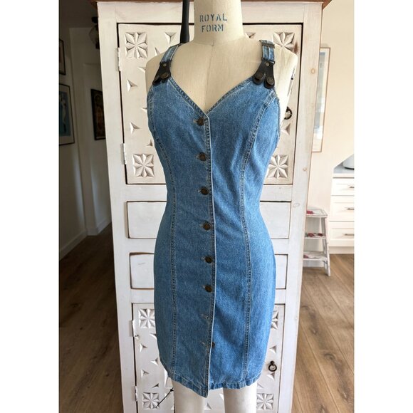 VTG 90s PARIS BLUES Sleeveless Denim Suspender Dress S/M - Picture 5 of 9